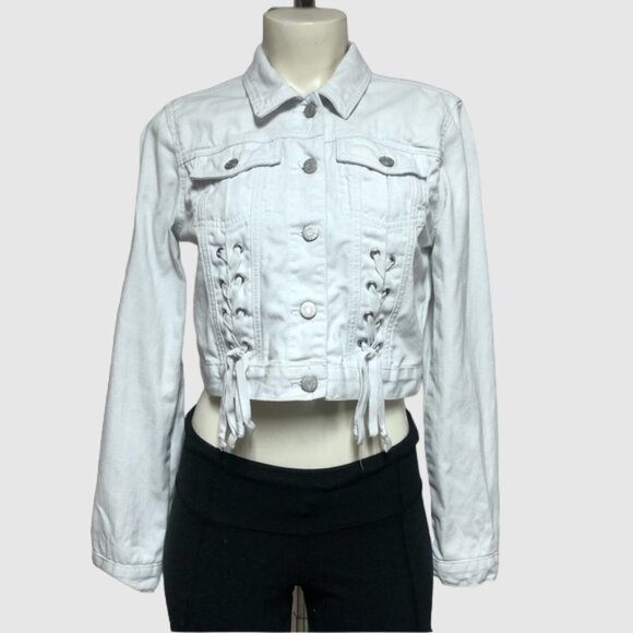 Guess White Crop Denim Jacket Lace Up Accents - Picture 1 of 13